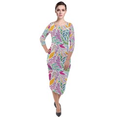 Leaves Colorful Leaves Seamless Design Leaf Quarter Sleeve Midi Velour Bodycon Dress