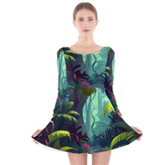 Rainforest Jungle Cartoon Animation Background Long Sleeve Velvet Skater Dress by Ravend