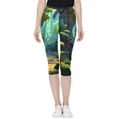 Rainforest Jungle Cartoon Animation Background Inside Out Lightweight Velour Capri Leggings  by Ravend