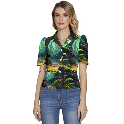 Rainforest Jungle Cartoon Animation Background Puffed Short Sleeve Button Up Jacket by Ravend