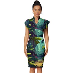 Rainforest Jungle Cartoon Animation Background Vintage Frill Sleeve V-neck Bodycon Dress