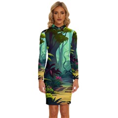 Rainforest Jungle Cartoon Animation Background Long Sleeve Shirt Collar Bodycon Dress