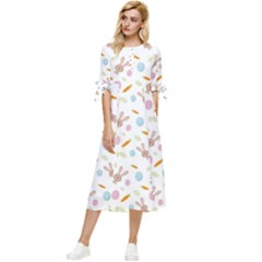 Easter Bunny Pattern Hare Easter Bunny Easter Egg Bow Sleeve Chiffon Midi Dress by Ravend