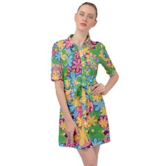 Flower Spring Background Blossom Bloom Nature Belted Shirt Dress by Ravend