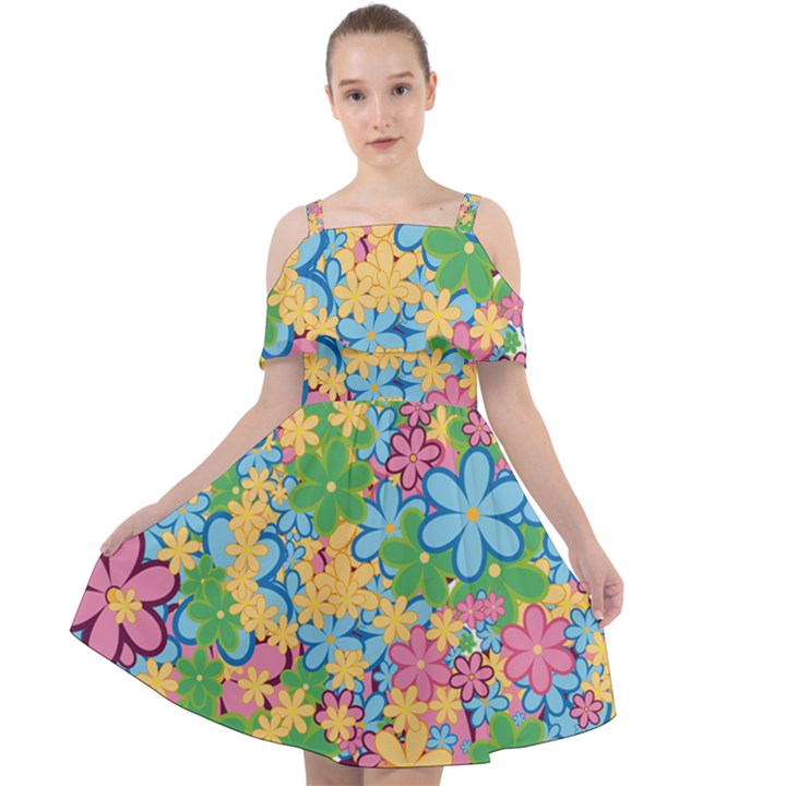 Flower Spring Background Blossom Bloom Nature Cut Out Shoulders Chiffon Dress