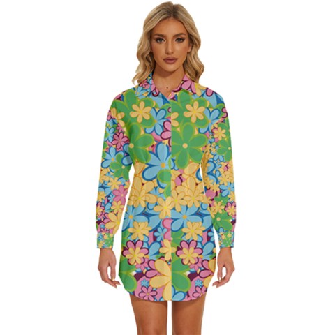 Flower Spring Background Blossom Bloom Nature Womens Long Sleeve Shirt Dress by Ravend