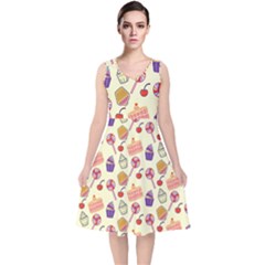 Happy Birthday Cupcake Pattern Lollipop Flat Design V-neck Midi Sleeveless Dress  by Ravend