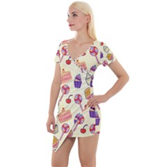 Happy Birthday Cupcake Pattern Lollipop Flat Design Short Sleeve Asymmetric Mini Dress by Ravend