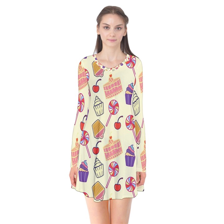 Happy Birthday Cupcake Pattern Lollipop Flat Design Long Sleeve V-neck Flare Dress