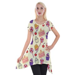 Happy Birthday Cupcake Pattern Lollipop Flat Design Short Sleeve Side Drop Tunic by Ravend