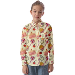 Happy Birthday Cupcake Pattern Lollipop Flat Design Kids  Long Sleeve Shirt by Ravend