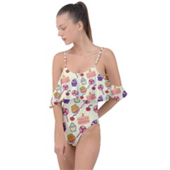 Happy Birthday Cupcake Pattern Lollipop Flat Design Drape Piece Swimsuit by Ravend