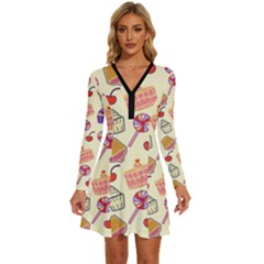 Happy Birthday Cupcake Pattern Lollipop Flat Design Long Sleeve Deep V Mini Dress 