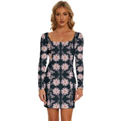 Flowers Daisies Spring Summer Bloom Botanical Long Sleeve Square Neck Bodycon Velvet Dress by Ravend