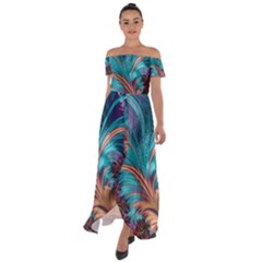 Feather Fractal Artistic Design Conceptual Off Shoulder Open Front Chiffon Dress by Ravend