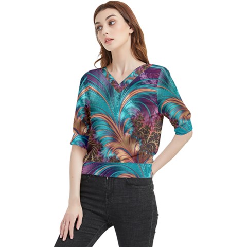 Feather Fractal Artistic Design Conceptual Quarter Sleeve Blouse by Ravend