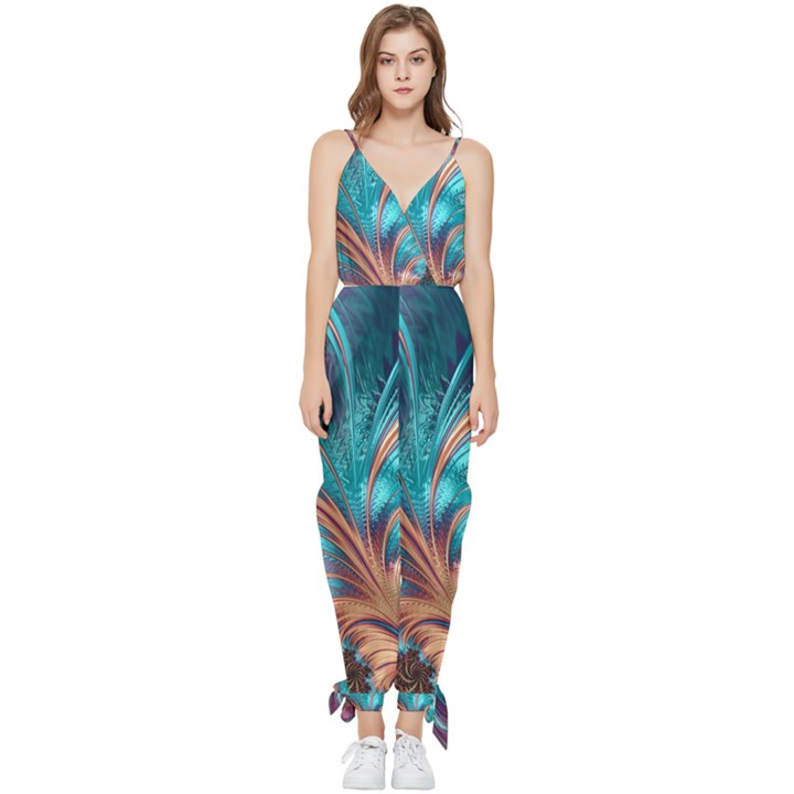 Feather Fractal Artistic Design Conceptual Sleeveless Tie Ankle Chiffon Jumpsuit