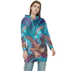 Feather Fractal Artistic Design Conceptual Women s Long Oversized Pullover Hoodie by Ravend