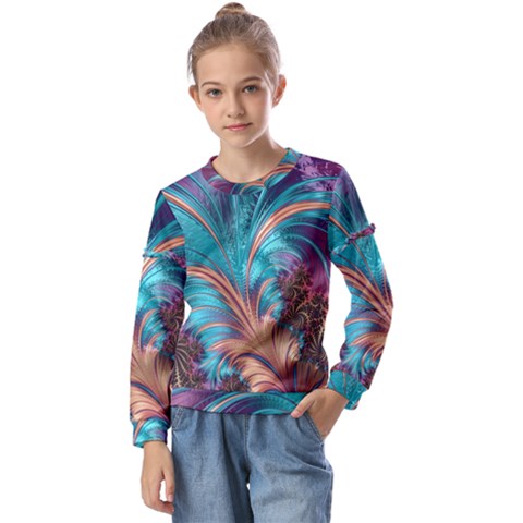 Feather Fractal Artistic Design Conceptual Kids  Long Sleeve Tee With Frill  by Ravend