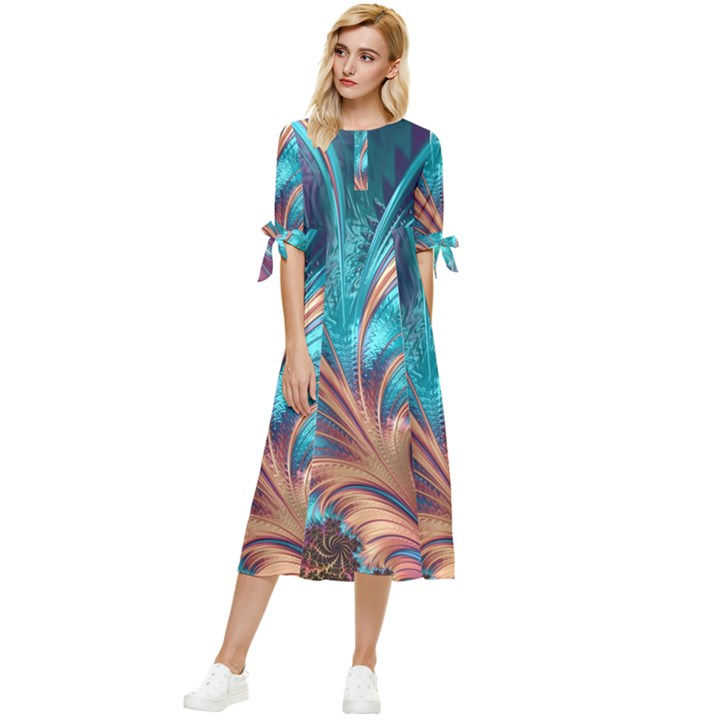 Feather Fractal Artistic Design Conceptual Bow Sleeve Chiffon Midi Dress