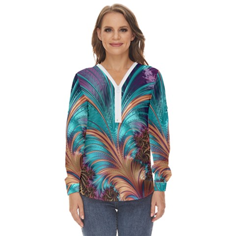 Feather Fractal Artistic Design Conceptual Zip Up Long Sleeve Blouse by Ravend