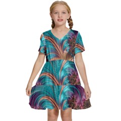 Feather Fractal Artistic Design Conceptual Kids  Short Sleeve Tiered Mini Dress by Ravend