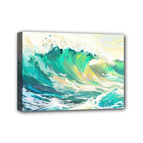 Ai Generated Waves Ocean Sea Tsunami Nautical Art Mini Canvas 7  X 5  (stretched) by Ravend