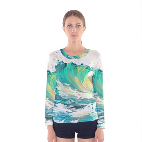 Ai Generated Waves Ocean Sea Tsunami Nautical Art Women s Long Sleeve Tee by Ravend