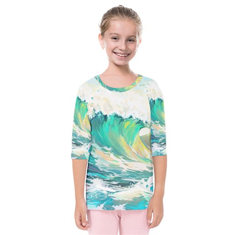 Ai Generated Waves Ocean Sea Tsunami Nautical Art Kids  Quarter Sleeve Raglan Tee by Ravend