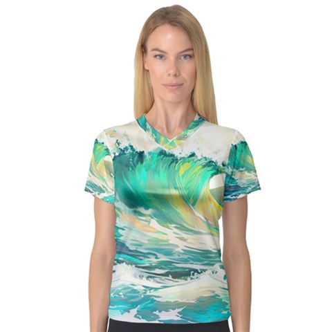 Ai Generated Waves Ocean Sea Tsunami Nautical Art V-neck Sport Mesh Tee by Ravend