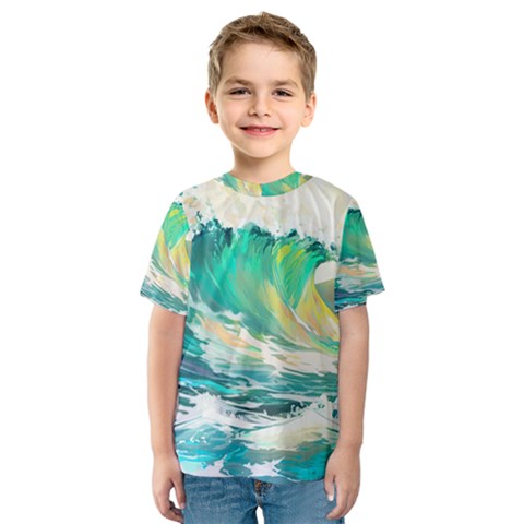 Ai Generated Waves Ocean Sea Tsunami Nautical Art Kids  Sport Mesh Tee by Ravend