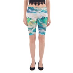 Ai Generated Waves Ocean Sea Tsunami Nautical Art Yoga Cropped Leggings by Ravend