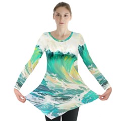 Ai Generated Waves Ocean Sea Tsunami Nautical Art Long Sleeve Tunic  by Ravend