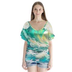 Ai Generated Waves Ocean Sea Tsunami Nautical Art V-neck Flutter Sleeve Top by Ravend