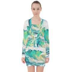 Ai Generated Waves Ocean Sea Tsunami Nautical Art V-neck Bodycon Long Sleeve Dress by Ravend