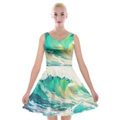 Ai Generated Waves Ocean Sea Tsunami Nautical Art Velvet Skater Dress by Ravend