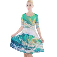 Ai Generated Waves Ocean Sea Tsunami Nautical Art Quarter Sleeve A-line Dress by Ravend