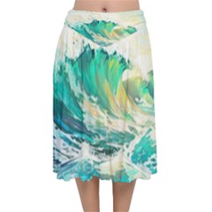 Ai Generated Waves Ocean Sea Tsunami Nautical Art Velvet Flared Midi Skirt by Ravend