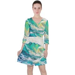 Ai Generated Waves Ocean Sea Tsunami Nautical Art Quarter Sleeve Ruffle Waist Dress by Ravend