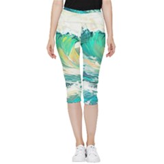 Ai Generated Waves Ocean Sea Tsunami Nautical Art Inside Out Lightweight Velour Capri Leggings  by Ravend