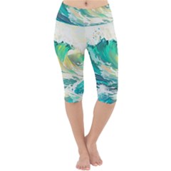 Ai Generated Waves Ocean Sea Tsunami Nautical Art Lightweight Velour Cropped Yoga Leggings by Ravend