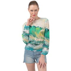 Ai Generated Waves Ocean Sea Tsunami Nautical Art Banded Bottom Chiffon Top by Ravend