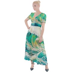 Ai Generated Waves Ocean Sea Tsunami Nautical Art Button Up Short Sleeve Maxi Dress by Ravend