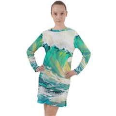 Ai Generated Waves Ocean Sea Tsunami Nautical Art Long Sleeve Hoodie Dress by Ravend