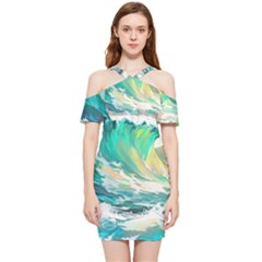 Ai Generated Waves Ocean Sea Tsunami Nautical Art Shoulder Frill Bodycon Summer Dress by Ravend