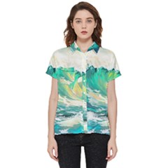 Ai Generated Waves Ocean Sea Tsunami Nautical Art Short Sleeve Pocket Shirt by Ravend