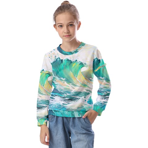 Ai Generated Waves Ocean Sea Tsunami Nautical Art Kids  Long Sleeve Tee With Frill  by Ravend