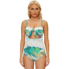 Ai Generated Waves Ocean Sea Tsunami Nautical Art Knot Front One-piece Swimsuit by Ravend