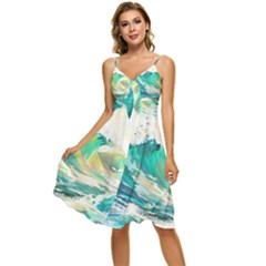 Ai Generated Waves Ocean Sea Tsunami Nautical Art Sleeveless Tie Front Chiffon Dress by Ravend