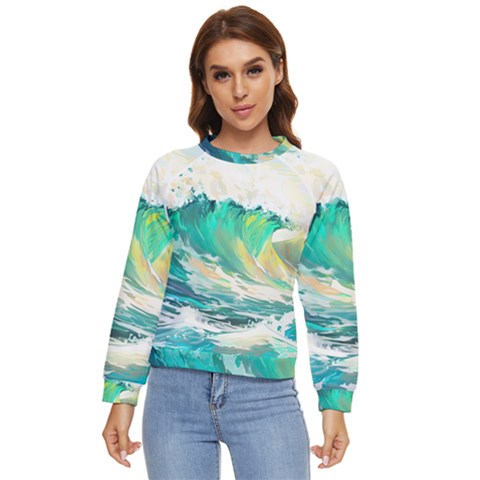 Ai Generated Waves Ocean Sea Tsunami Nautical Art Women s Long Sleeve Raglan Tee by Ravend